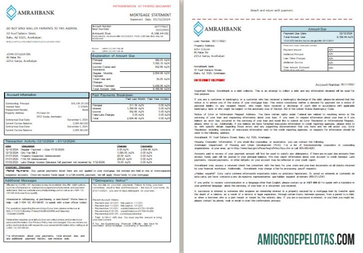 Extrato de hipoteca do banco Amrahbank do Azerbaijão, 3 páginas, 1 2 Scr amostra